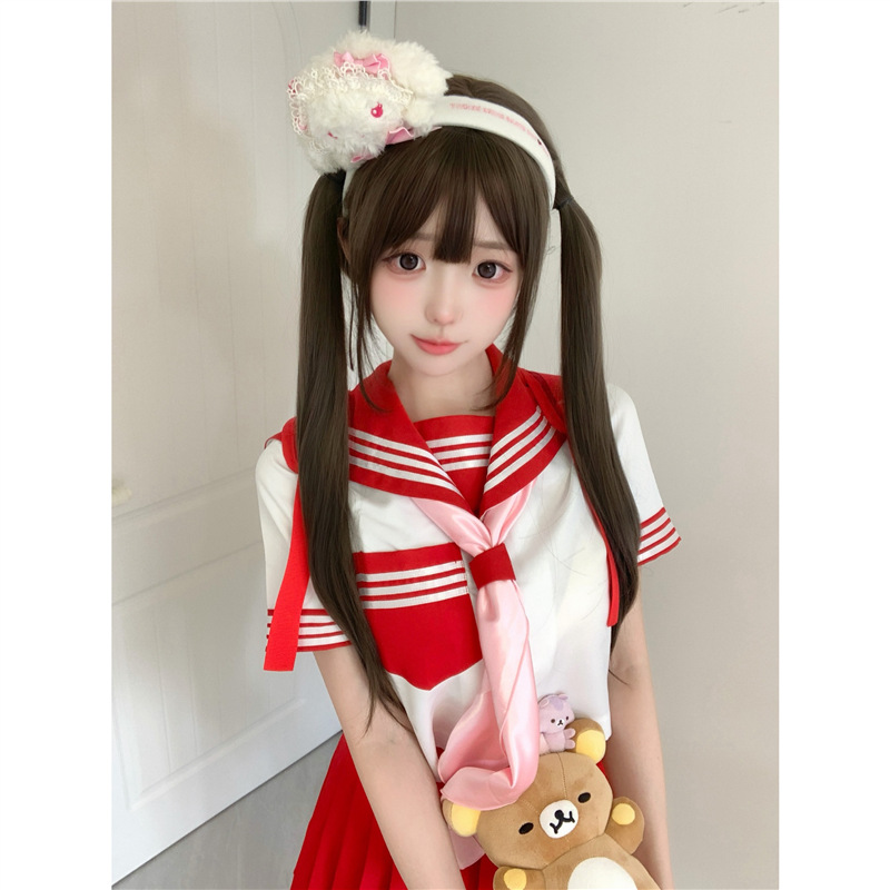 Peruca doble cola de caballo Xiaoluo mujer celebridad en línea diaria Lolita cabello largo recto natural Qi franja cubierta de cabeza jk Xiaoluo