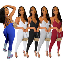 效源 跨境亚马逊女式纯色罗纹吊带美背带胸垫休闲瑜伽连体裤 现货