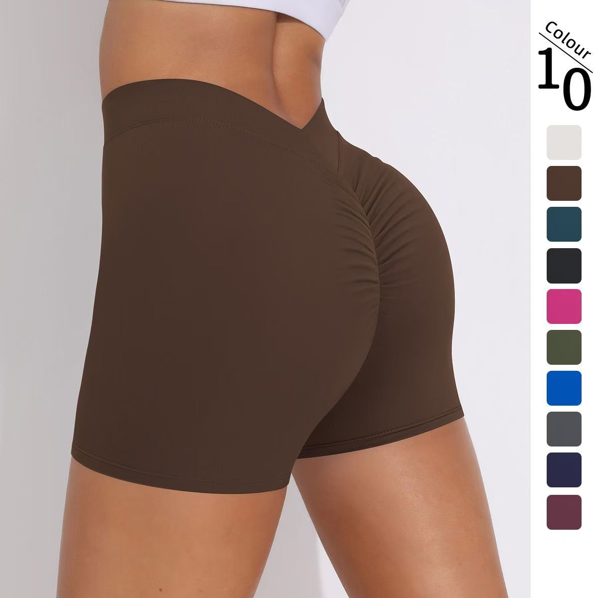 Europa y América ropa de mujer abrasiva V cintura plegada mel桃 de camisa pantalones cortos deportivos running fitness tight panty