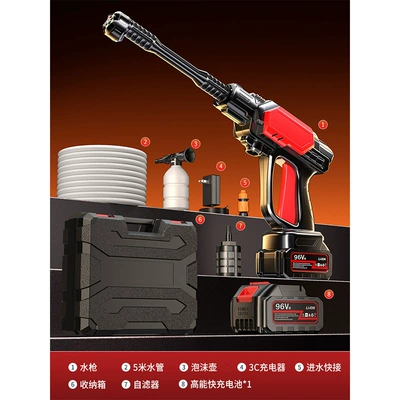 Gun Portable Charging Powerful Floor — Portable car washer - german-engineered-quad-pump-pulse-turbine-boost96vh-high-endurance-single-battery40-knots-power-1-battery-1-charge-5m-water-pipesix-in-one-nozzle-storage-box-packaging