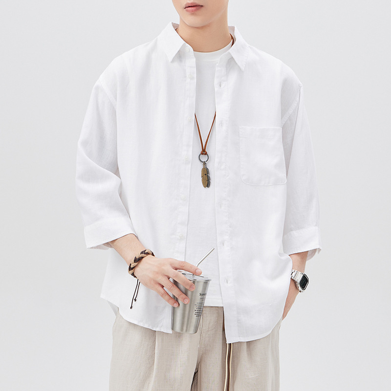 Spring and Autumn New Men's Retro Linen Cropped Sleeve Men's Casual Shirt Simple Loose Shirt Fashionable All-match Spring and Autumn New Men's Retro Linen Cropped Sleeve Men's Casual Shirt Simple Loose Shirt Fashionable All-match