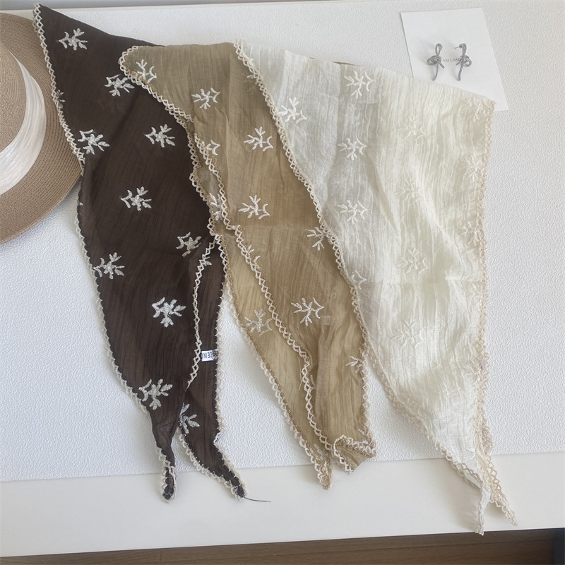 레이스 바오터우 작은 스퀘어 스카프 캐주얼 트라이앵글 스카프 실크 스카프 모자 여자 올매치 얇은 코튼 및 리넨 스카프 선스크린 스카프