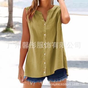 2025 Summer New Women's Vest Casual Loose Cotton Linen T-shirt Button Top