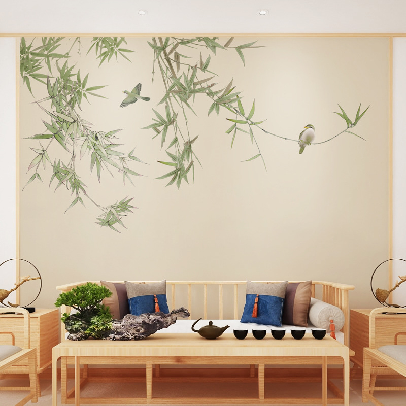 现代新中式淡雅竹子花鸟客厅电视背景墙墙纸壁布卧室书房壁画