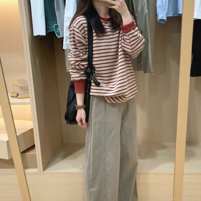 Factory Wholesale Korean Early Autumn New Red Striped Sweatshirt Women's Lazy High-End Loose Casual Long-Sleeved Top