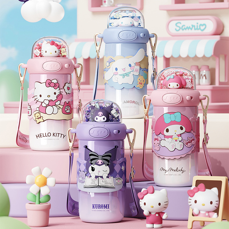 サンリオ キラキラ魔法瓶カップ 女の子用 かわいいストローカップ クロミ 子供用 落下防止 クロスボディ 大容量ケトル|undefined