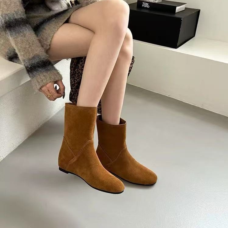 短靴女磨砂牛仔靴骑士靴套筒2025年英伦风绒面法式复古新款内增高|undefined