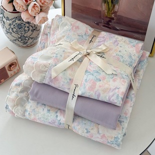 French Style Cotton Double-Layer Yarn Four-Piece Set Cotton Double-Layer Lace Small Fresh Bed Sheet Quilt Cover Bedding
