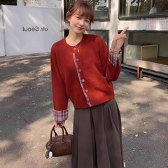 假两件格子拼接针织开衫女秋冬季软糯毛衣外套内穿搭灰色正肩上衣