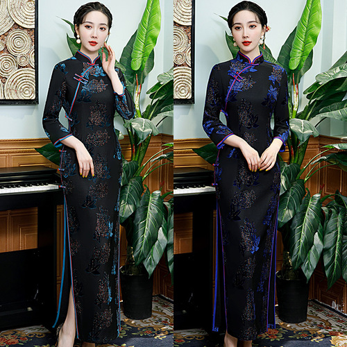 Women Chinese Dresses oriental retro qipao cheongsam dress Red blue Maple Leaf Retro model catwalk banquet host singers chorus dresses for lady