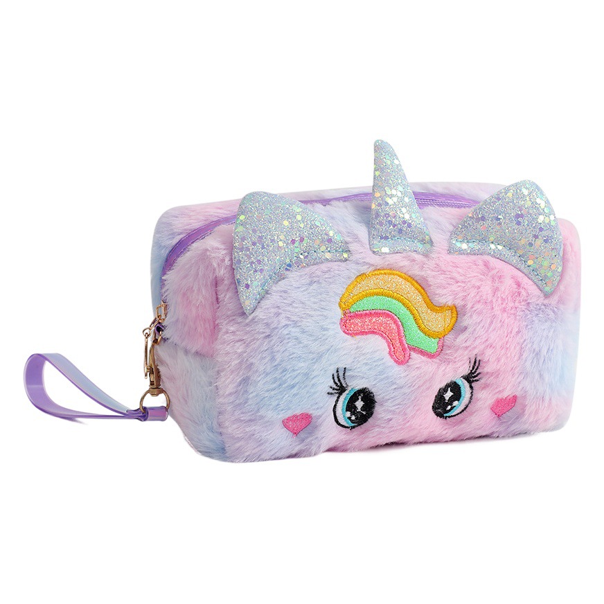 Bolsa de Cosméticos de Felpa Unicornio, Caricatura de Ojos Grandes, Estuche para Maquillaje, Viaje, Papelería y Estudiantes