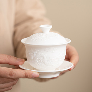 Sheep fat jade porcelain dragon and phoenix plain burning tea set suit all-ceramic filter light luxury simple three-piece Cover bowl Kung Fu household wholesale