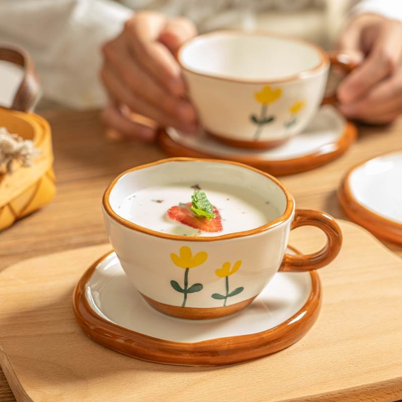 Small yellow flower latte coffee cup high-quality ceramic mug household breakfast oatmeal cup for girls unique water cup