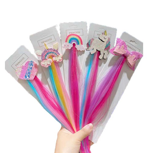 Children's wig accessories rainbow bow unicorn wig braided hair extension straight hair for party gradient color wig