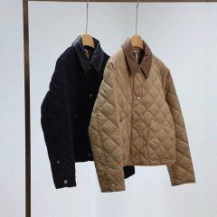 预售秋冬复古咖棕色女士外套棉衣 菱格春季棉服皮领