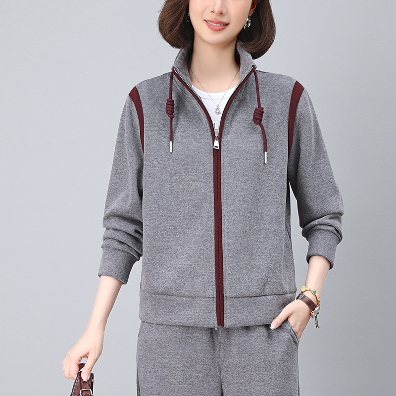 立领撞色卫衣女春秋2025年新款中年妈妈宽松休闲短款拉链开衫外套|undefined