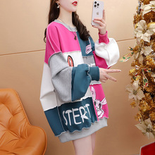 宽松慵懒风拼色卡通印花卫衣女中长款2025新款早春秋季设计感上衣