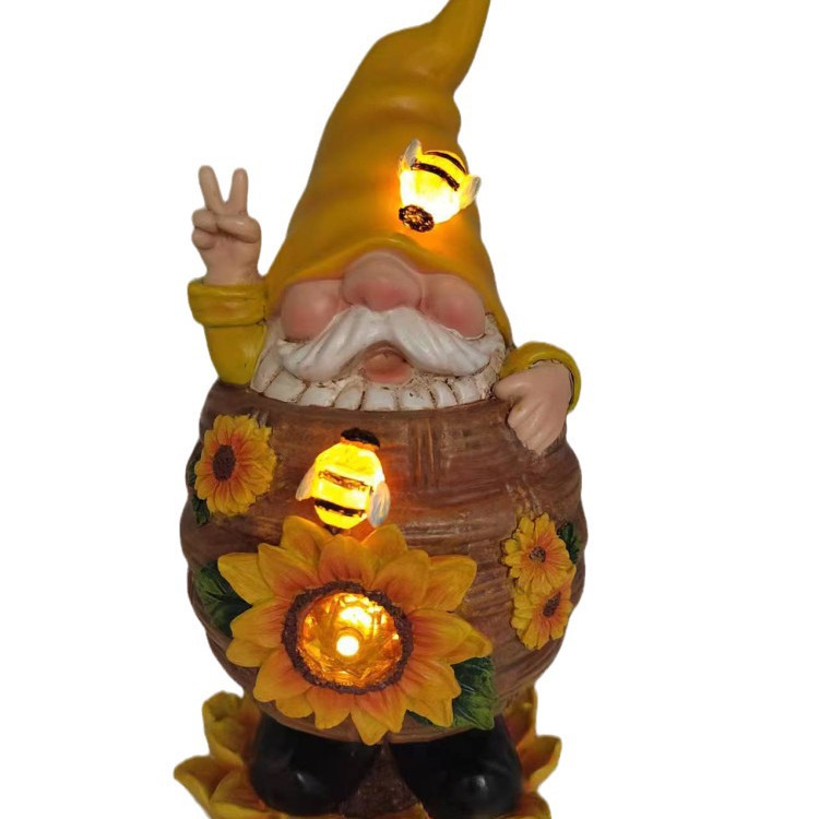Adorno Solar de Resina para Jardín o Patio, Diseño de Abeja y Gnomo, Luminoso, Decoración para Exteriores