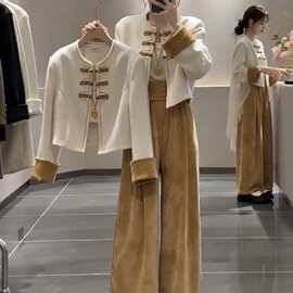 秋季气质网红新款新中式两件套女国风重工盘扣撞色显瘦外套阔腿裤