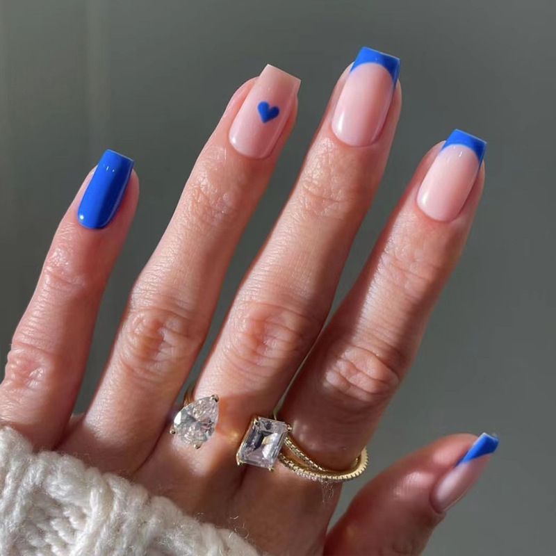 [Special Offer] Short Blue Heart Wearable Nails Klein Blue Square Glossy French Blue Manicure False Nails