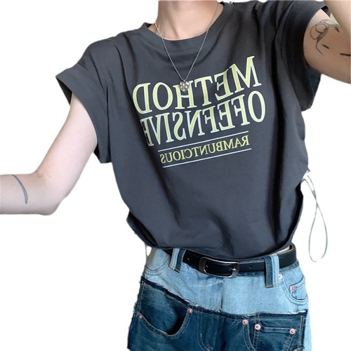 Design-sensual short-sleeved T-shirt for women in summer irregular niche Korean style chic drawstring loose short top ins