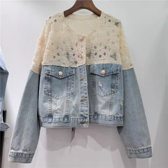 ヨーロッパ駅2025春の新型ヨーロッパ商品の婦人服ファッションはレースの肩の重工業のビーズのデニムのショートコートをつなぎ合わせます。