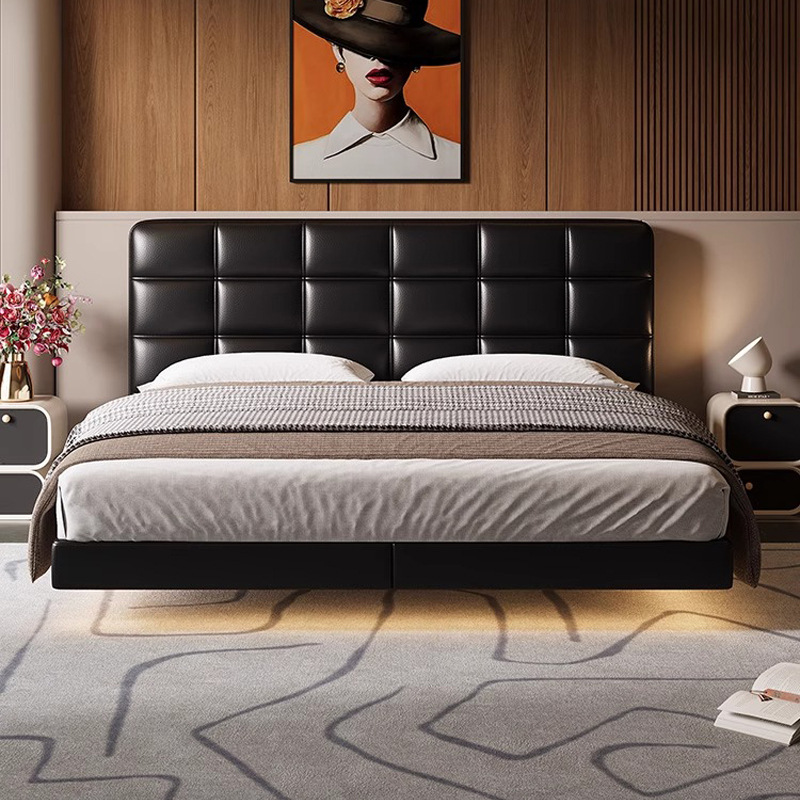 Cama flotante de Lawrence, cama de cuero de vaca italiana, cama de cama principal de alta gama, cama doble negra, cama de matrimonio