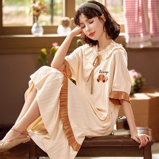 Летняя длинная хлопковая пижама, милое платье, средней длины, короткий рукав, в корейском стиле, оверсайз, большой размер