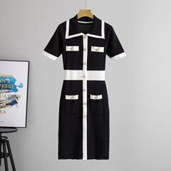 フレンチスタイルコントラストカラーラペル半袖ドレス女性の夏のレトロパールブレストスリムフィットヒップニットスカート