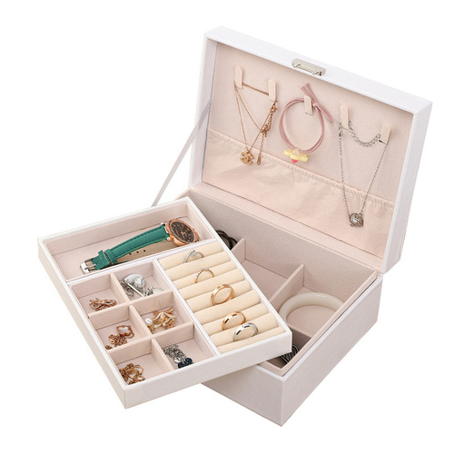 New Simple Double Layer Large Capacity Lockable Wooden PU Leather Jewelry Earring Storage Box Wholesale