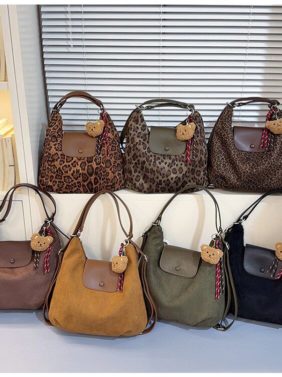 Túi xách nữ đeo vai cỡ lớn , túi xách tay đi làm chất liệu nhung nhung mềm — Bông tuyết nâu Leopard, Quân xanh da báo điện màu, Quân đội xanh, màu cà phê