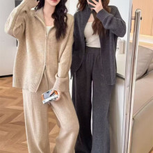 外贸休闲风双拉链针织开衫套装女秋冬大码宽松毛衣阔腿裤两件套女