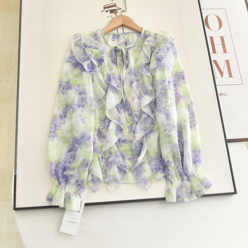 Domestic D Brand 2026 Summer French-Style Elegant Sheer Lace-Up Round-Neck Ruffled Chiffon Floral Shirt Domestic D Brand 2026 Summer French-Style Elegant Sheer Lace-Up Round-Neck Ruffled Chiffon Floral Shirt