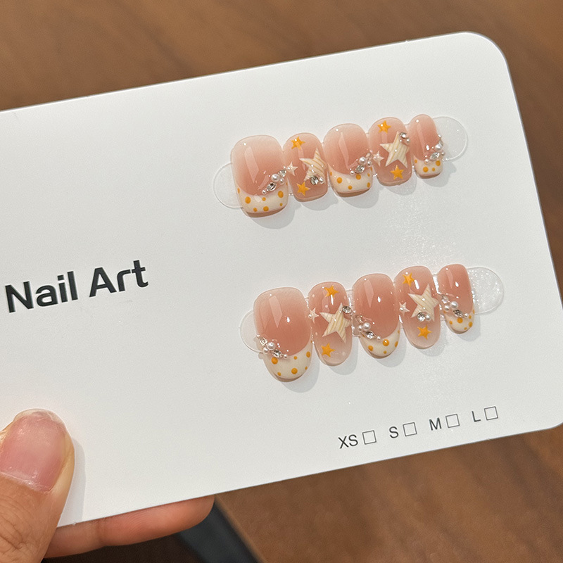 【Cheese Stars】Hand-Painted White French-Style Yellow Polka Dots with Crushed Diamonds, Cute and Sweet Creamy Yellow Star Design Nail Stickers