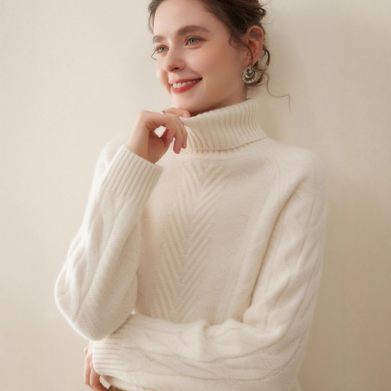 British Designer Style ~ Solid Color Cashmere Sweater for Women, High-Neck Thick Cable Knit Wool Sweater for Layering
