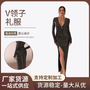 Cross-border long-sleeved V-neck dress independent station ebay sexy sequins slit tail party dress evening dress