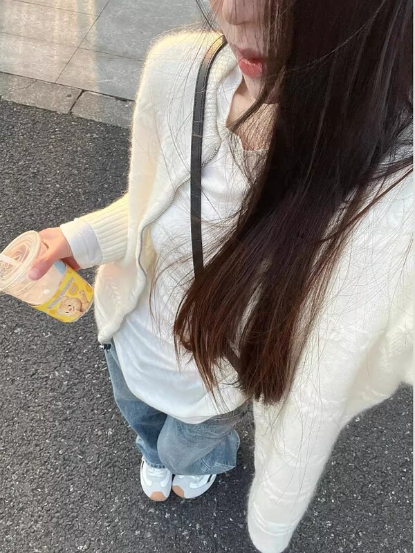 早秋穿搭上衣白色慵懒毛衣开衫外套女秋冬拉链宽松别致外搭针织衫|undefined