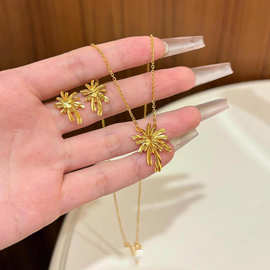 24k真金电镀银针花朵耳钉项链 优雅气质锁骨链轻奢高级感首饰套装