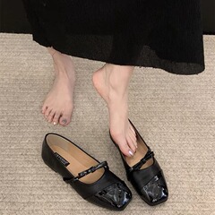黑色瑪麗珍鞋女鞋子2024年春秋新款蝴蝶結方頭淺口軟平底單鞋