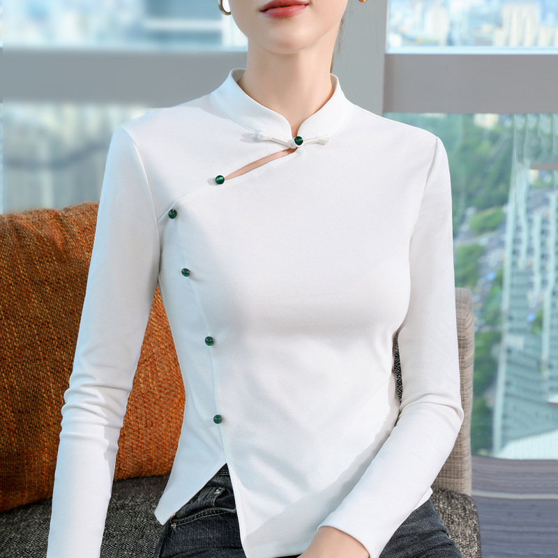 새로운 중국 스타일 국가 스타일 여성의 2024 수직 칼라가있는 새로운 백색베이스 셔츠와 불규칙한 디자인 센스 탑