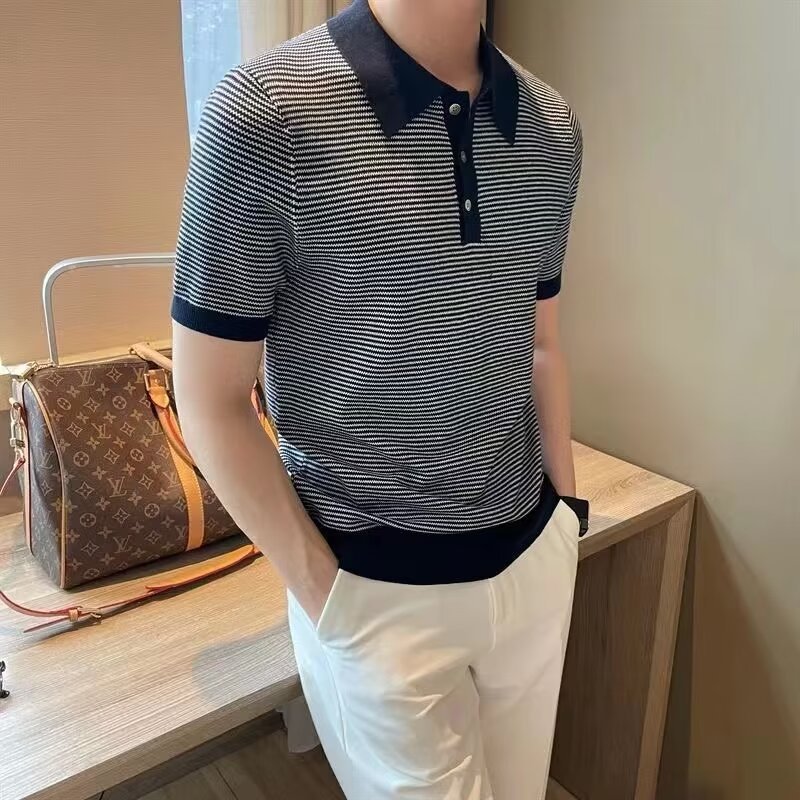 Verano hombre camiseta de punto de manga corta polo camiseta de collar rayas camiseta de comercio exterior al por mayor transfronterizo casual versátil