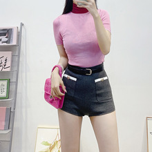 南油高端女装2025夏季新款法式撞色纽扣口袋高腰包臀短款针织热裤