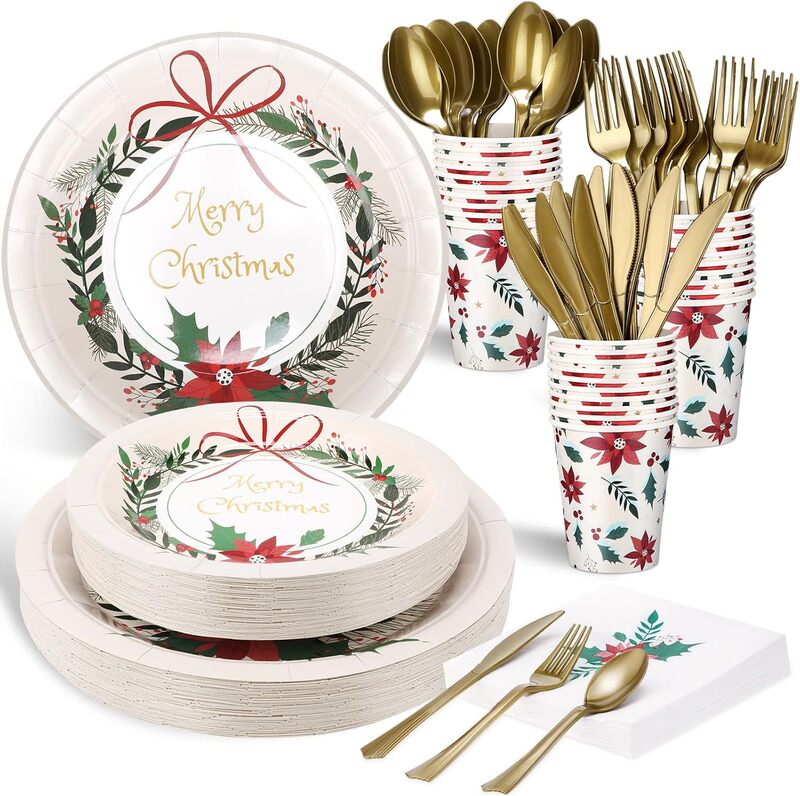 Christmas Theme Party suit Disposable Paper Tray Paper Cup Paper Towel Knife, Fork and Spoon Party Tableware Arrangement Decorations
