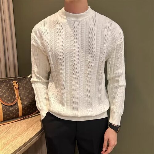 Trendy punk handsome relaxed sense of micro-hollow art design twisted flower solid color comfortable crew neck long sleeve knit sweater for men