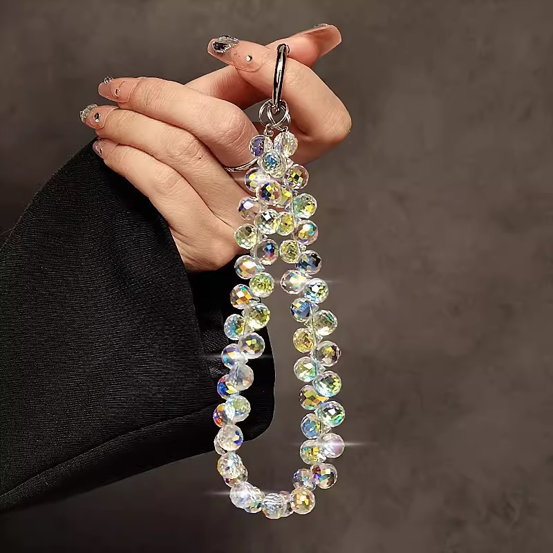 Cadena colgante de cristal de gota de agua con cuentas hecha a mano, cordón de cadena de teléfono móvil de lujo ligero, cadena de muñeca de temperamento corto, colgante anti-pérdida