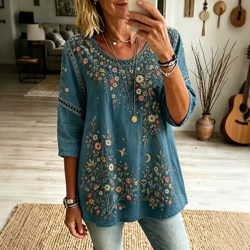 2026 Cross-Border European and American Style Three-Quarter Sleeve Round Neck Hollow Lace Loose Plus Size Pullover Women's Top 2026 Cross-Border European and American Style Three-Quarter Sleeve Round Neck Hollow Lace Loose Plus Size Pullover Women's Top
