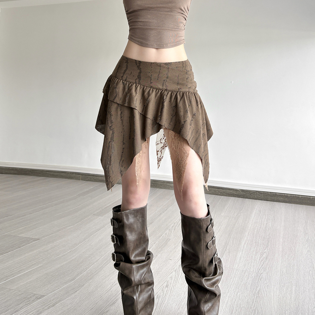 2025 European and American Summer Cross-Border New Pure Desire Ins Style Asymmetrical High Waist Pure Color Lace Slim Skirt for Women