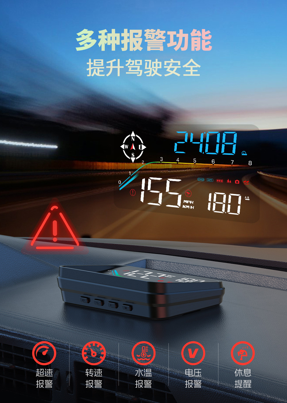 HUD high-definition car head-up display with voice electronic dog function, OBD GPS dual system, high-temperature resistant
