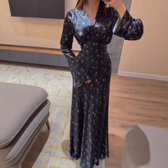 2025年の新型欧米アマゾンの国境を越えた対外貿易婦人服vネック長袖の花が腰を収めて黒いロングスカートを身に着けた
