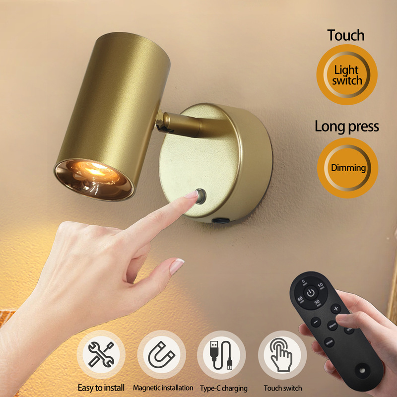 Cross-Border Remote Control Wall Lamp Battery Powered 5200Mah Touch 3-Color Punch-Free 6W Bedroom Living Room Reading Lamp